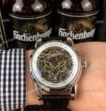 Patek Philippe Skeleton Replica Watch SS Black Leather Strap White Inner